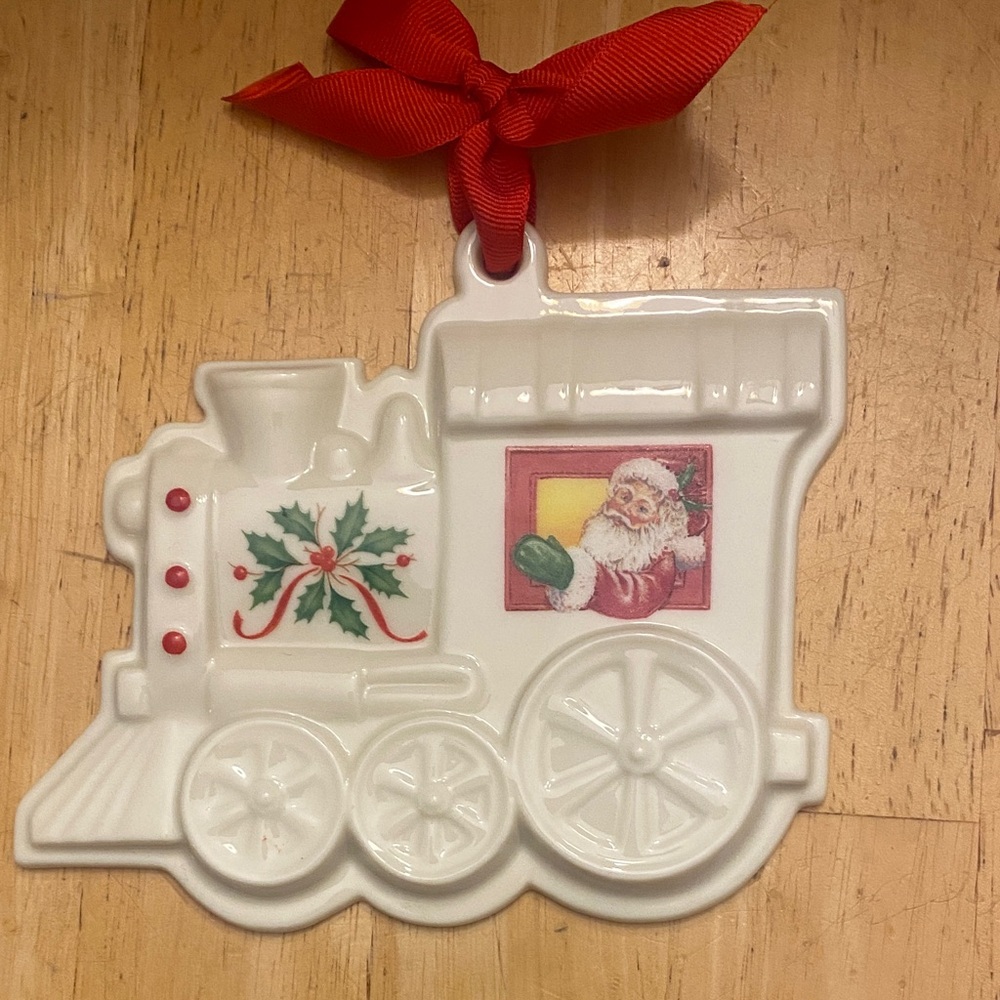 Lenox Holiday Train Ornament or cookie press with Santa and Holly